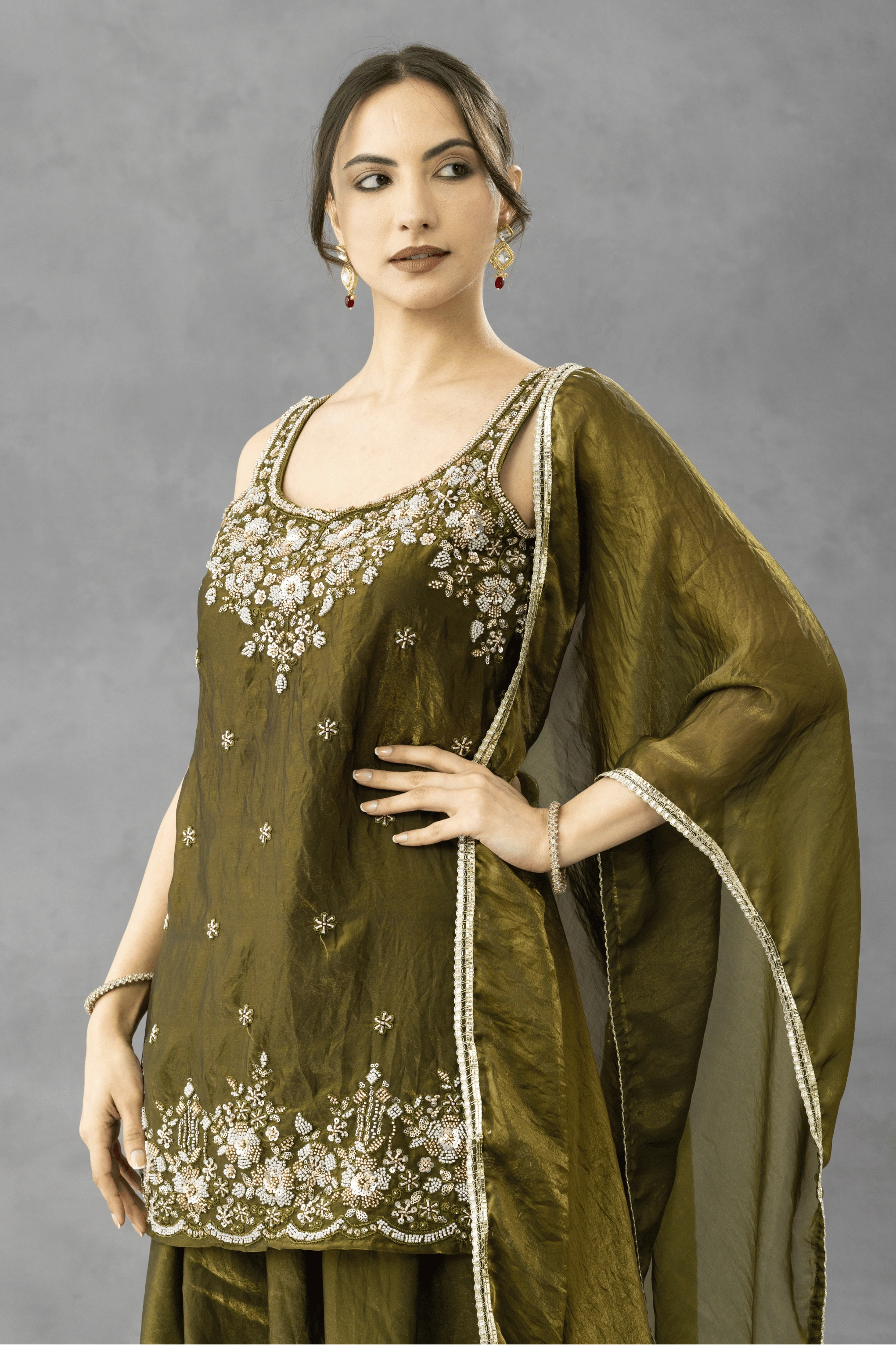 Deep Olive Green Embroidered Kurta Palazzo Set