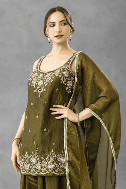 Deep Olive Green Embroidered Kurta Palazzo Set