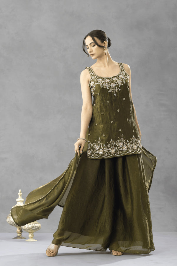 Deep Olive Green Embroidered Kurta Palazzo Set