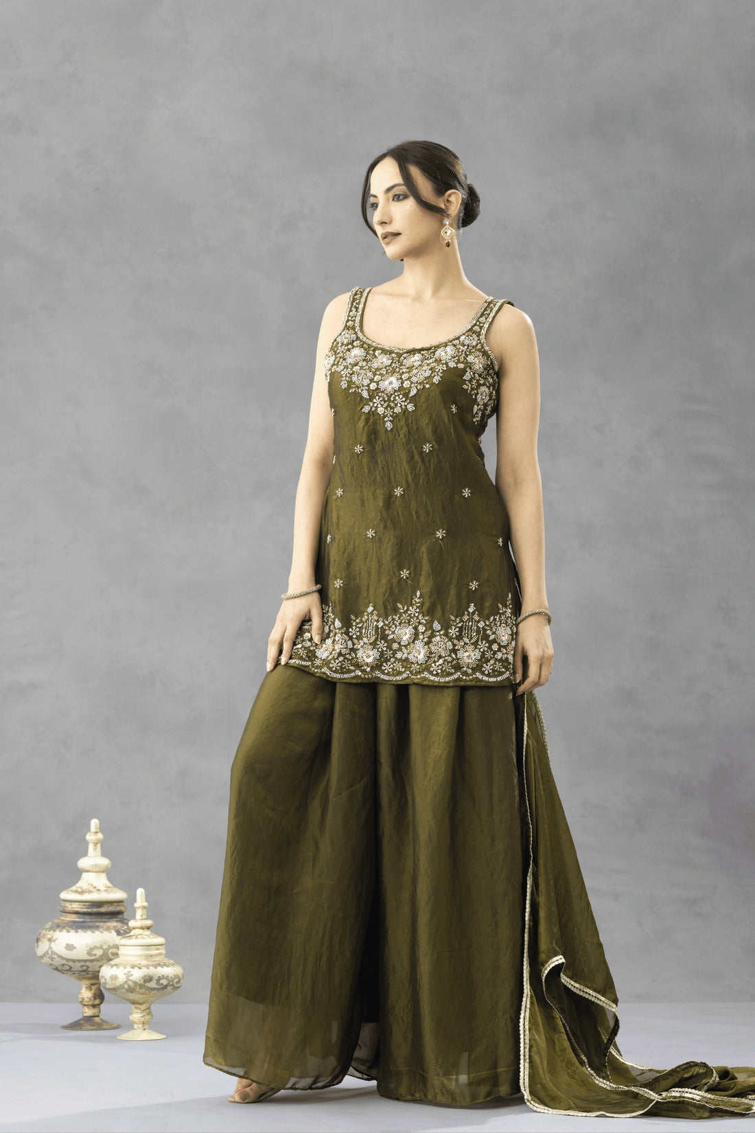 Deep Olive Green Embroidered Kurta Palazzo Set
