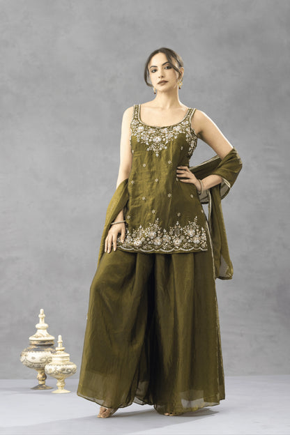 Deep Olive Green Embroidered Kurta Palazzo Set