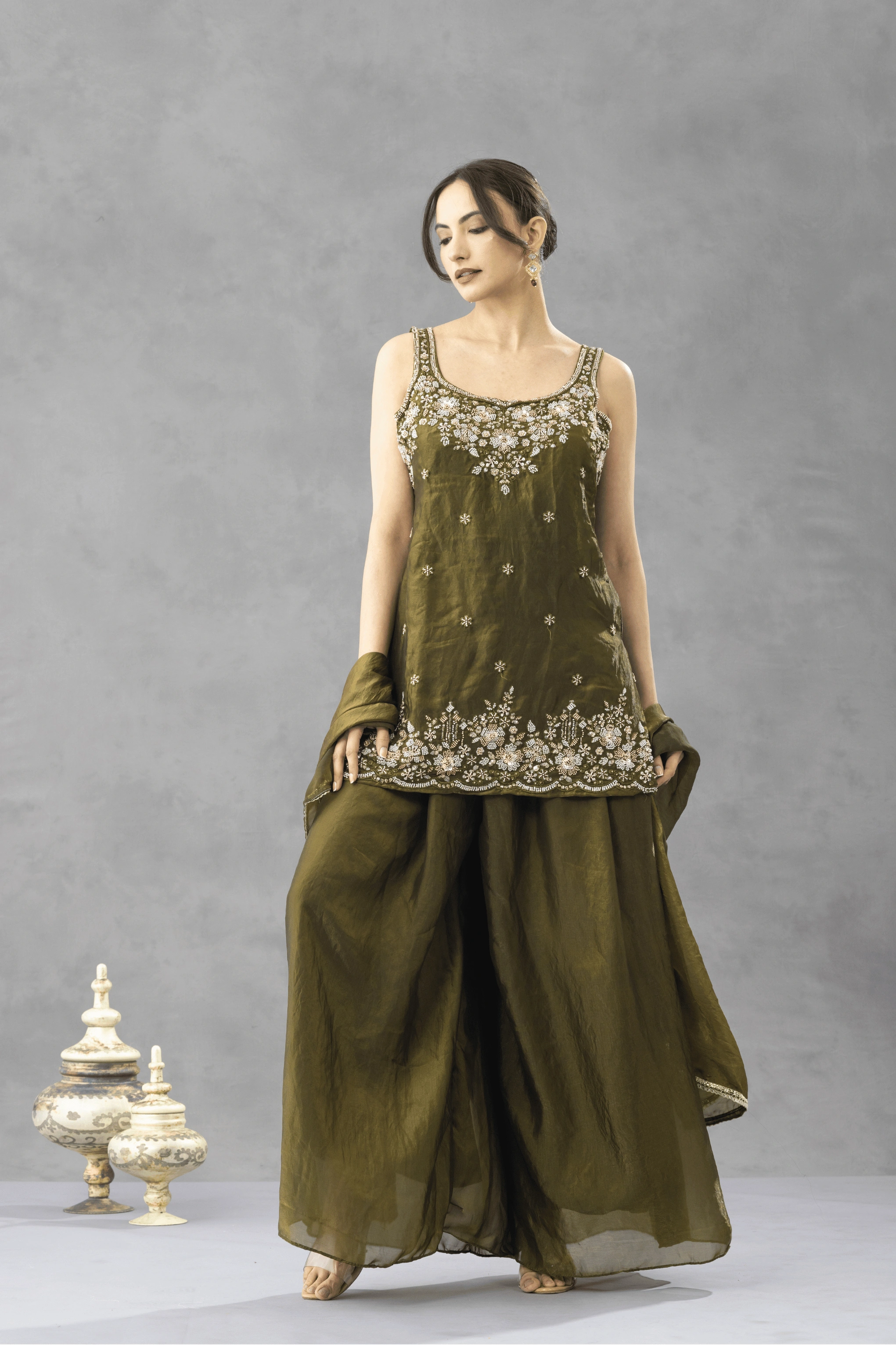 Deep Olive Green Embroidered Kurta Palazzo Set
