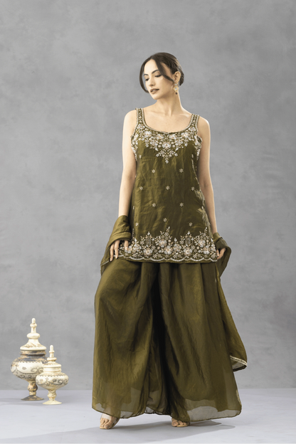 Deep Olive Green Embroidered Kurta Palazzo Set