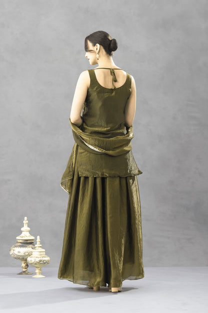 Deep Olive Green Embroidered Kurta Palazzo Set