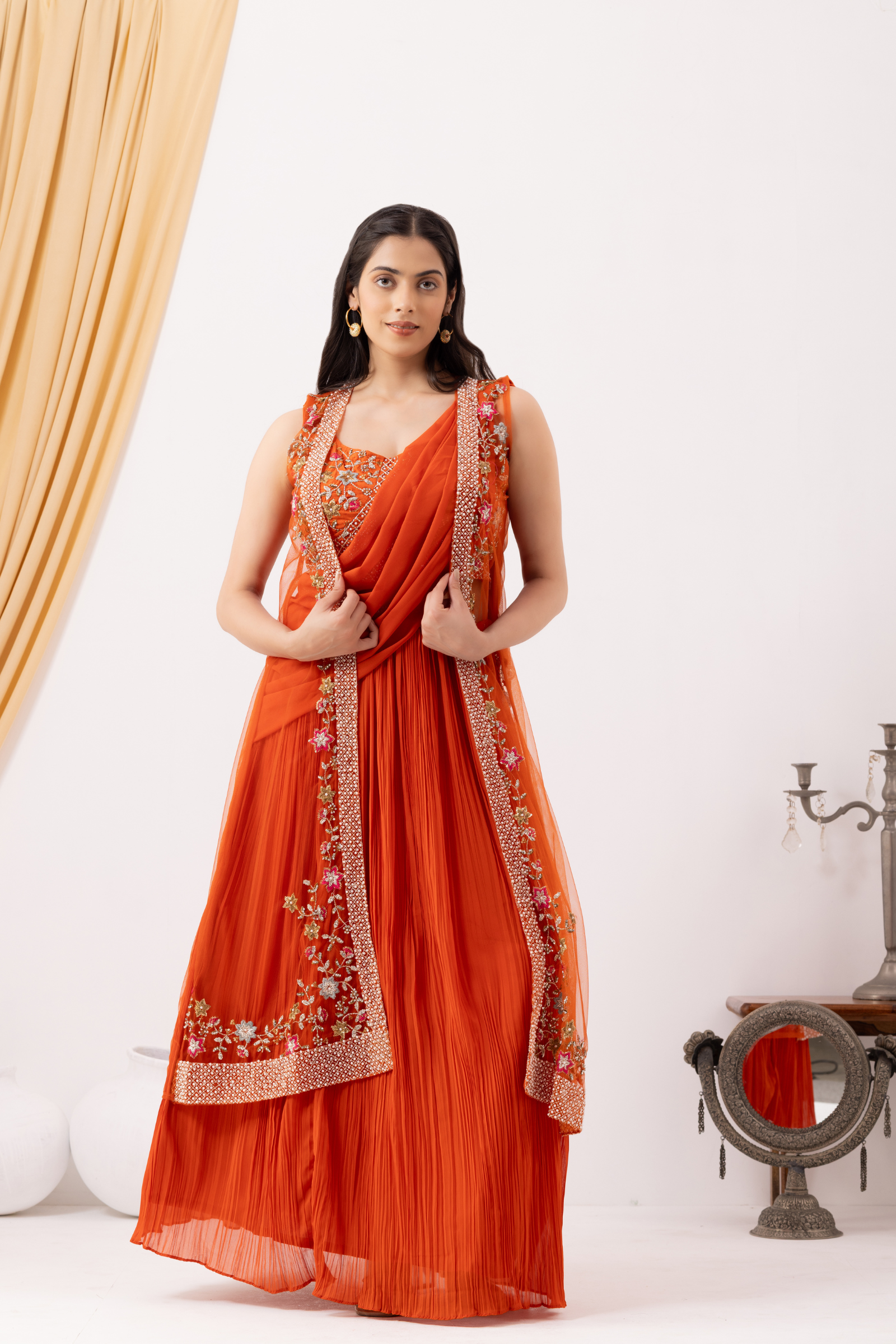 Orange Georgette Draped Jacket Saree Set