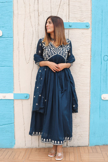 Mulmul Cotton Anarkali Blue Kurta With Pant &amp; Dupatta