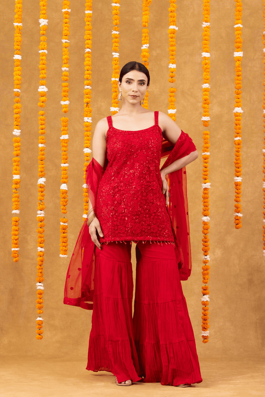 Festive Charm Red Georgette Palazzo Set