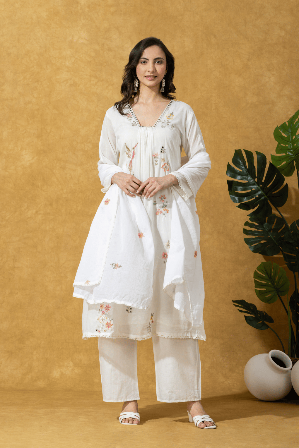 Ivory Floral Embroidered Kurta Set