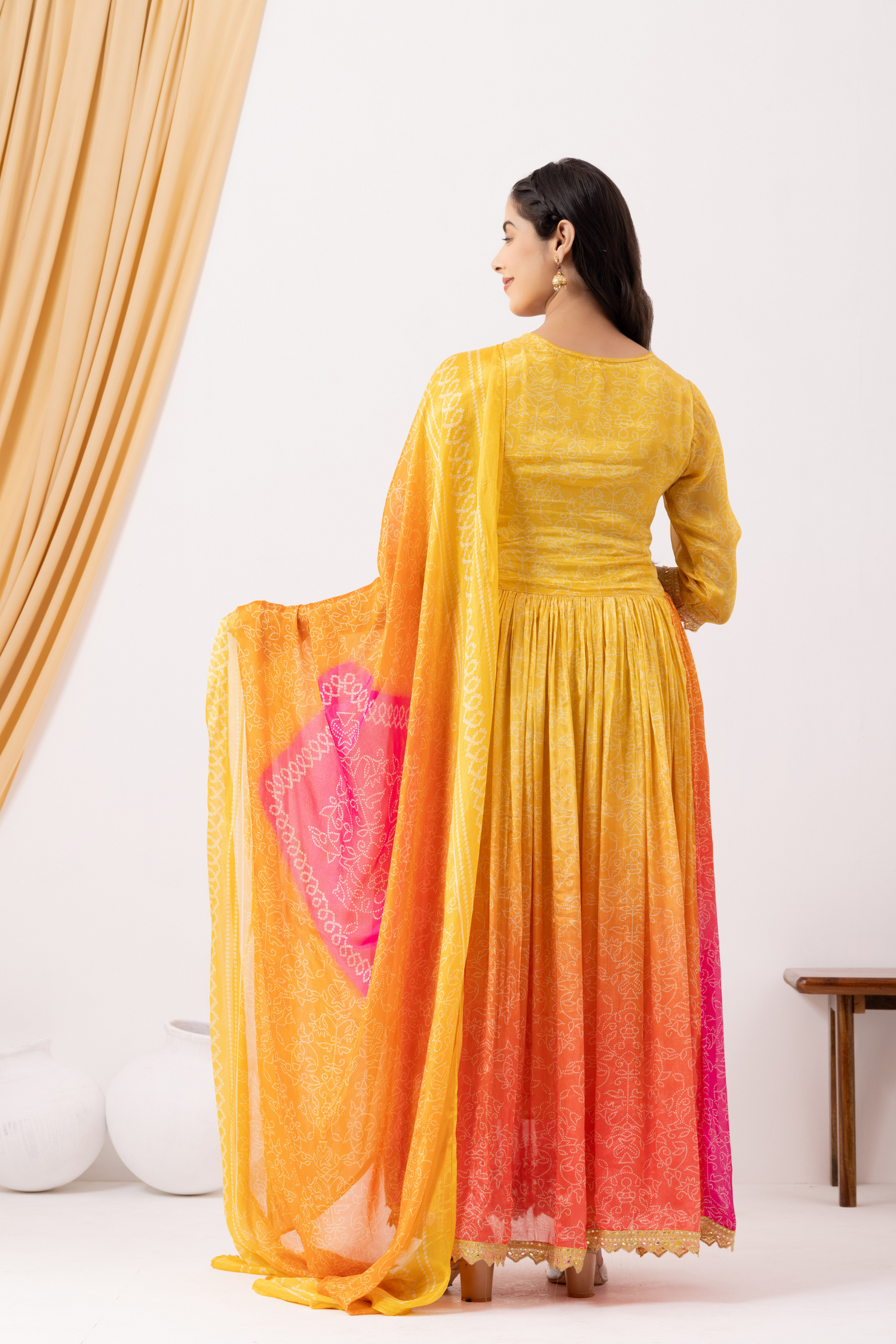 Yellow &amp; Pink Ombre Crepe Printed &amp; Hand Embroidered Anarkali Set