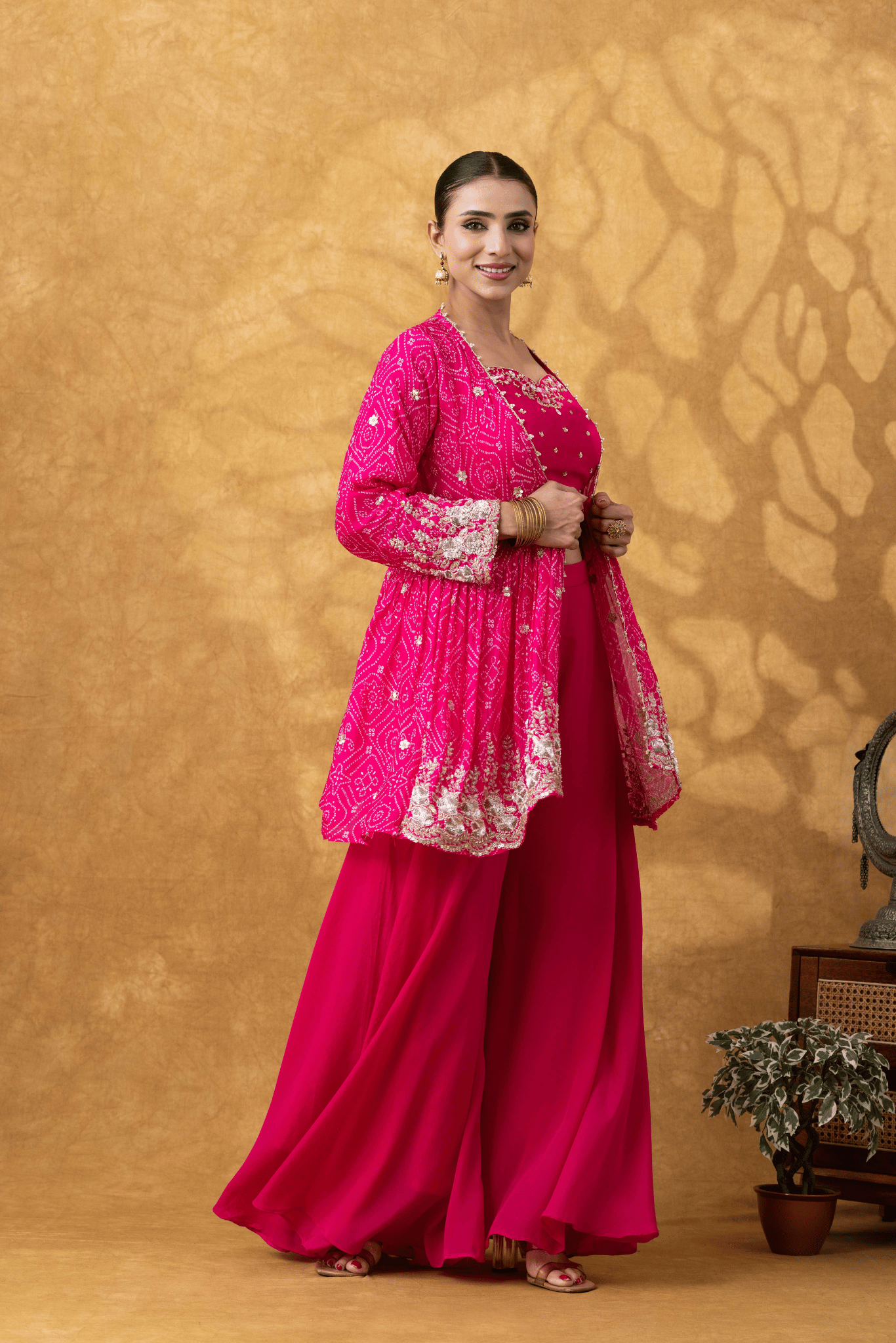 Fuchsia Pink Embroidered Jacket Sharara Set