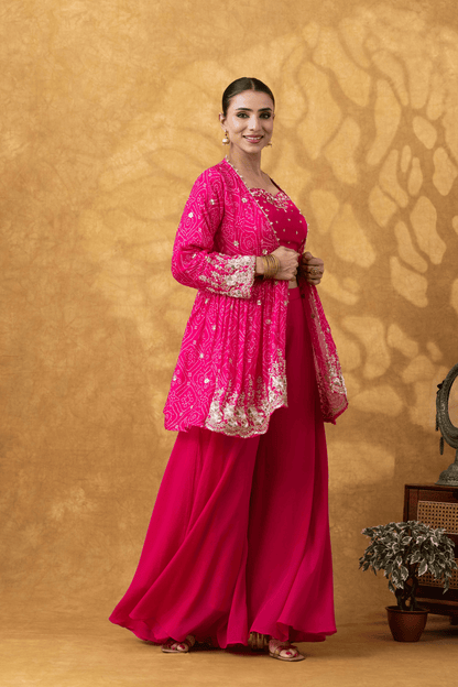 Fuchsia Pink Embroidered Jacket Sharara Set