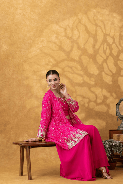 Fuchsia Pink Embroidered Jacket Sharara Set