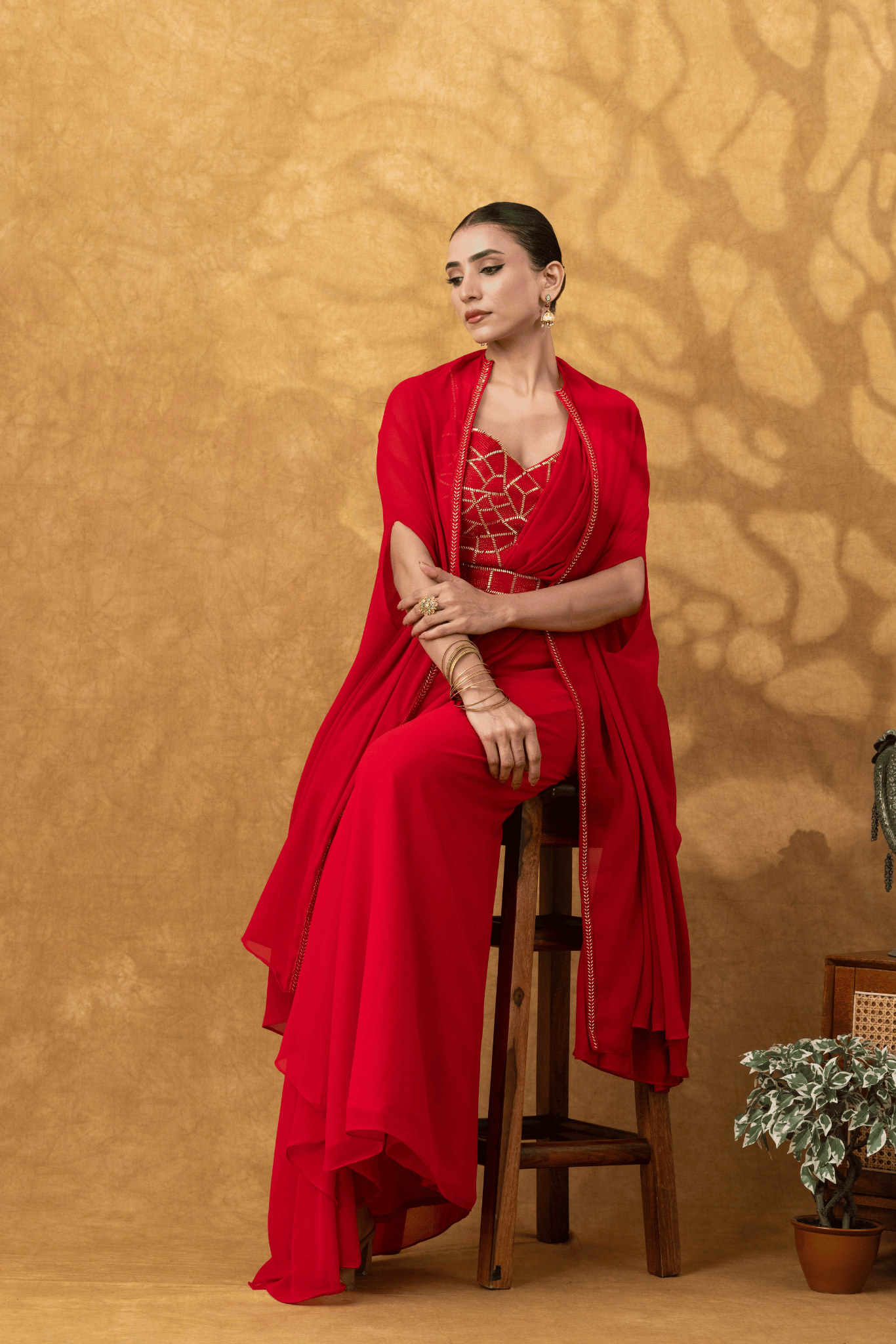 Scarlet Red Drape Saree Set