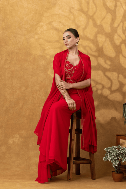 Scarlet Red Drape Saree Set