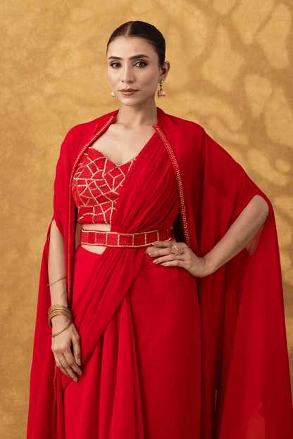 Scarlet Red Drape Saree Set