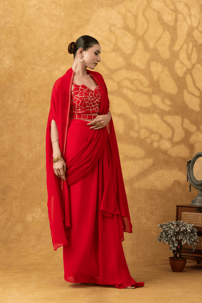 Scarlet Red Drape Saree Set