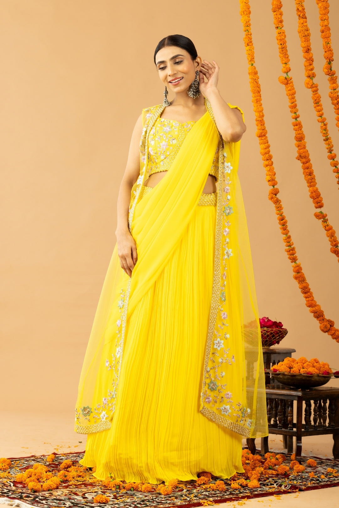 Mustard Yellow Georgette Draped Jacket Saree Set