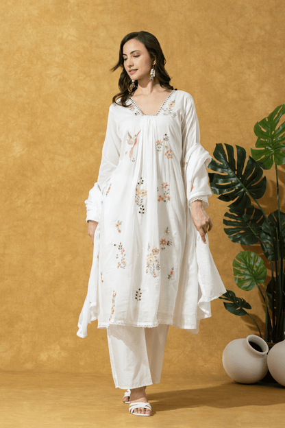 Ivory Floral Embroidered Kurta Set