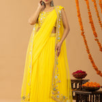 Mustard Yellow Georgette Draped Jacket Saree Set