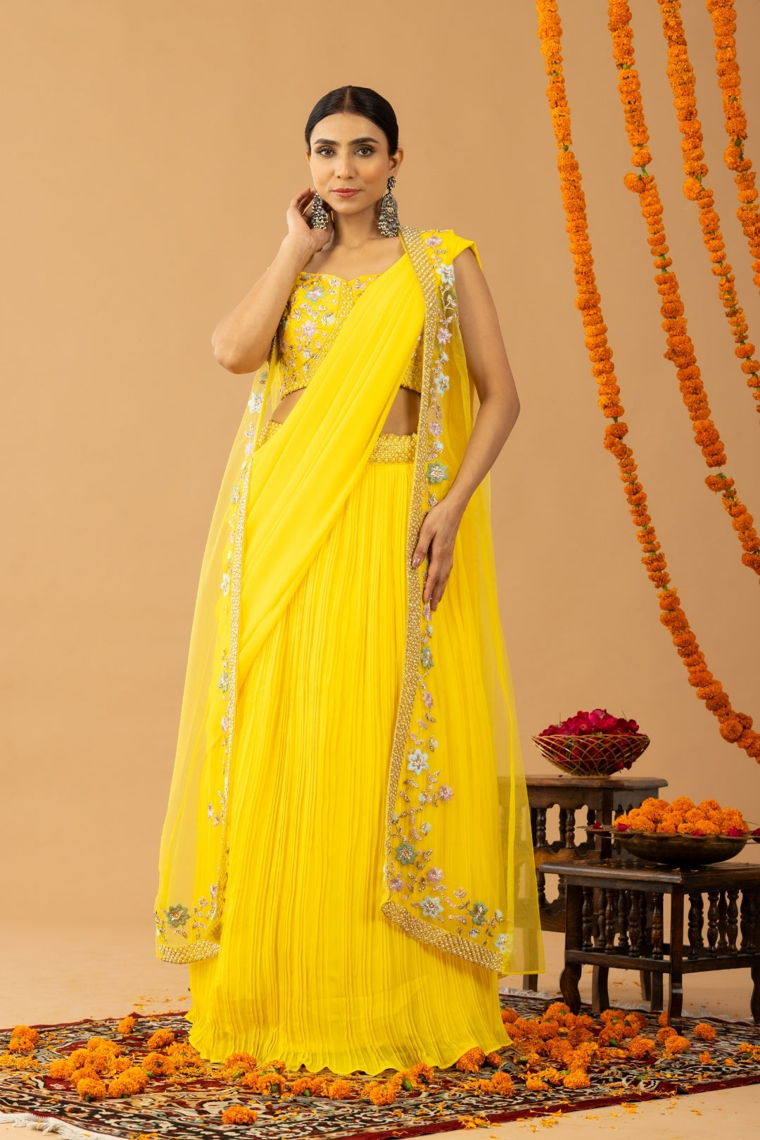 Mustard Yellow Georgette Draped Jacket Saree Set