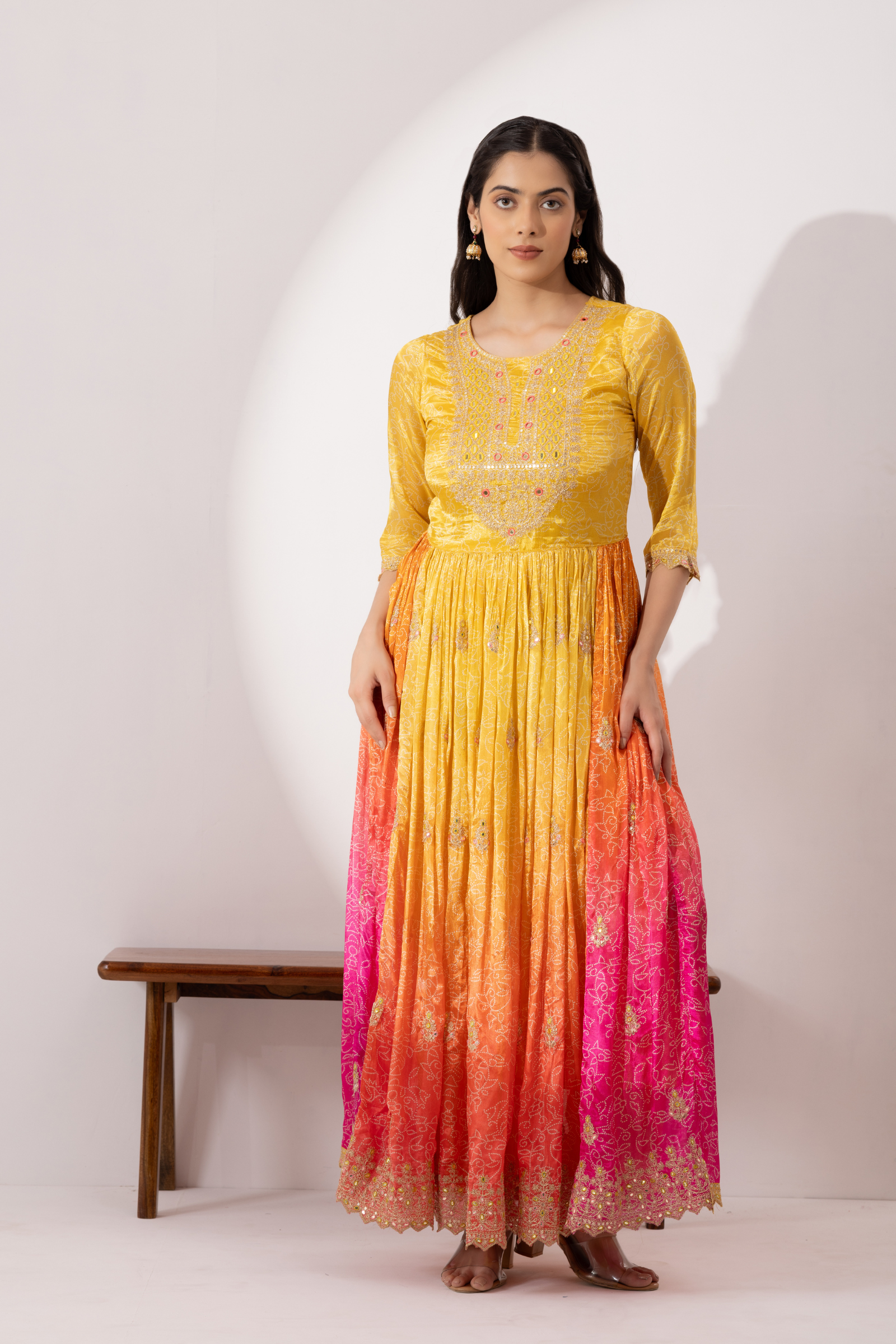 Yellow &amp; Pink Ombre Crepe Printed &amp; Hand Embroidered Anarkali Set