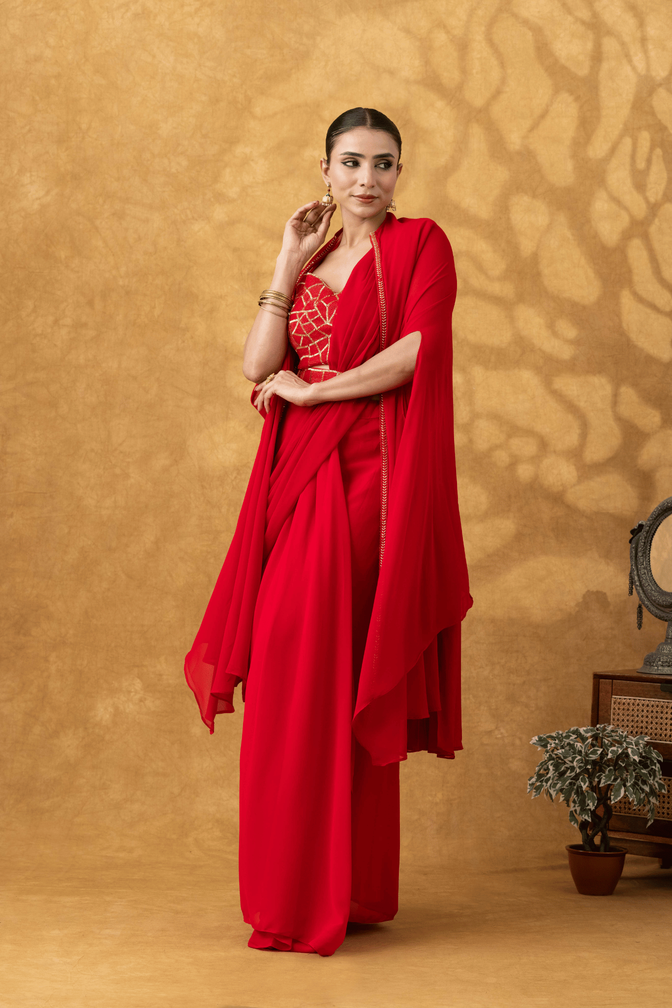 Scarlet Red Drape Saree Set