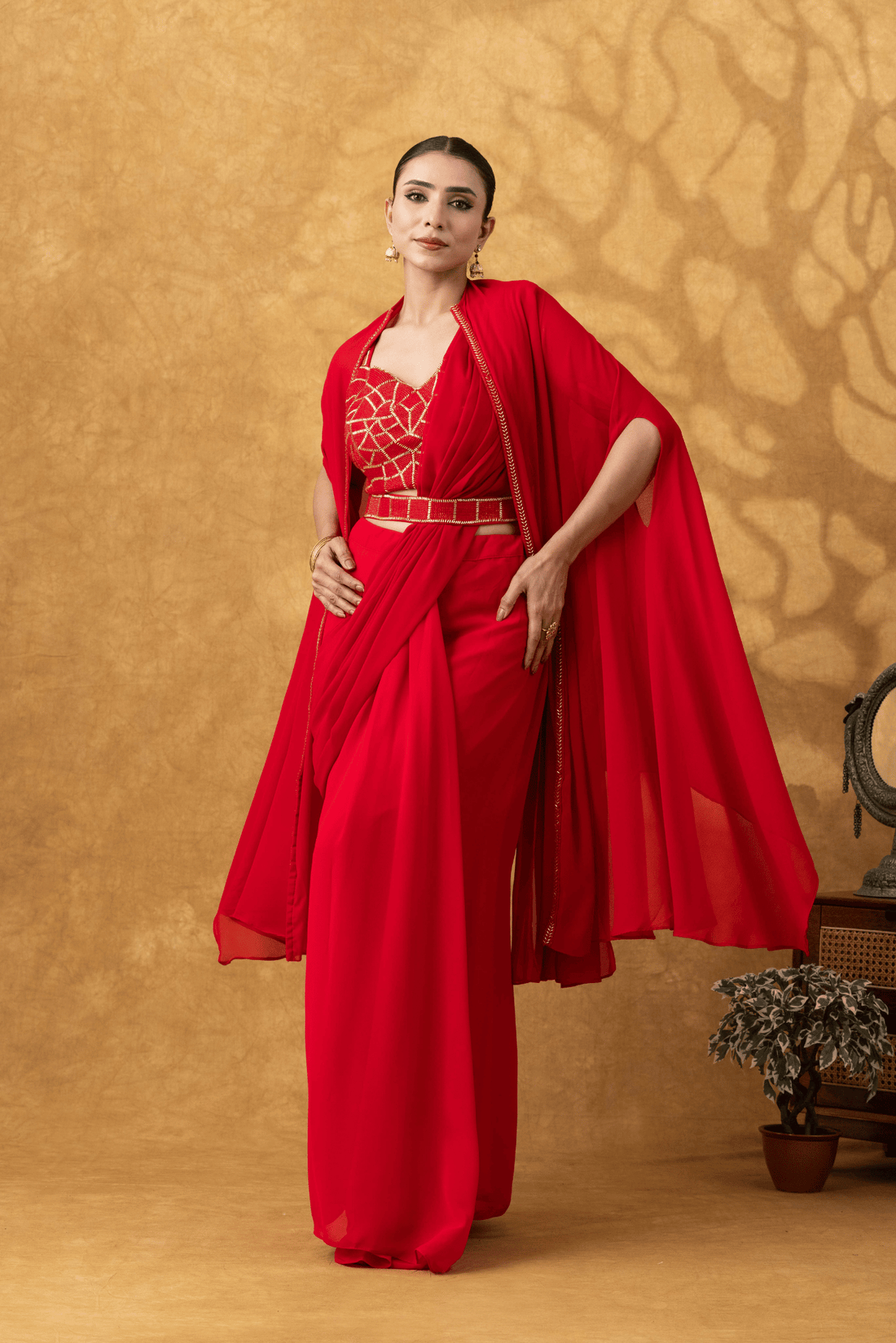 Scarlet Red Drape Saree Set