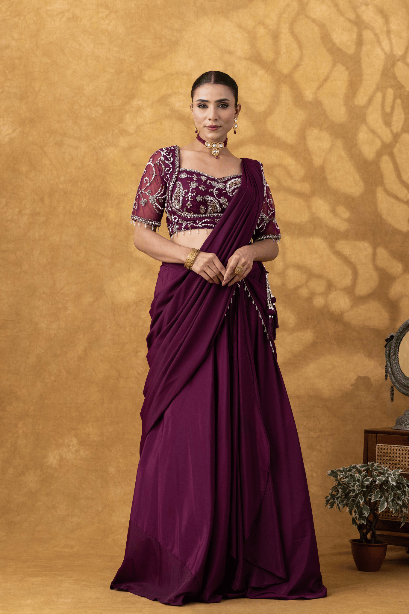 Wine Dipped Moti Work Pre-Drape Saree