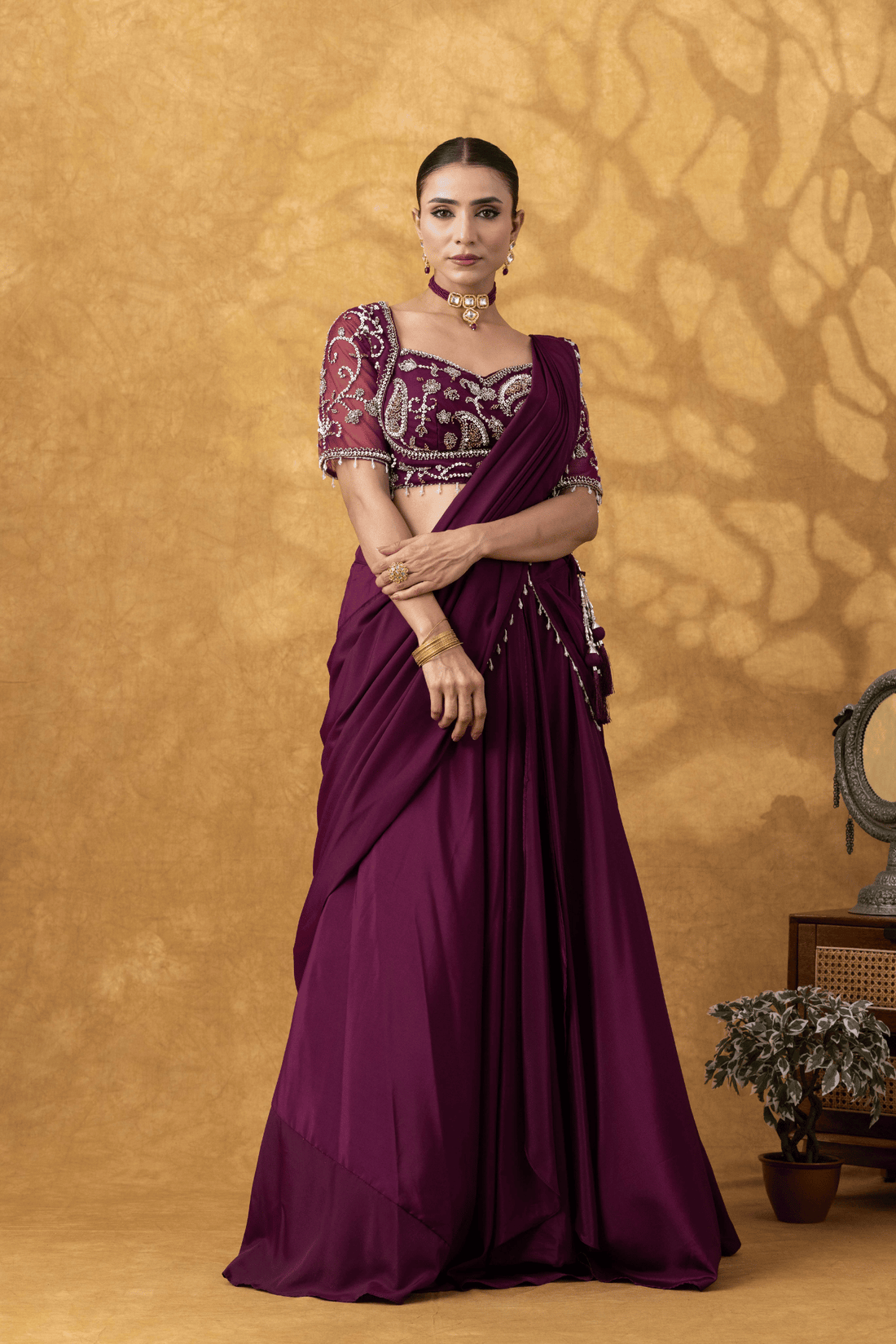 Wine Dipped Moti Work Pre-Drape Saree