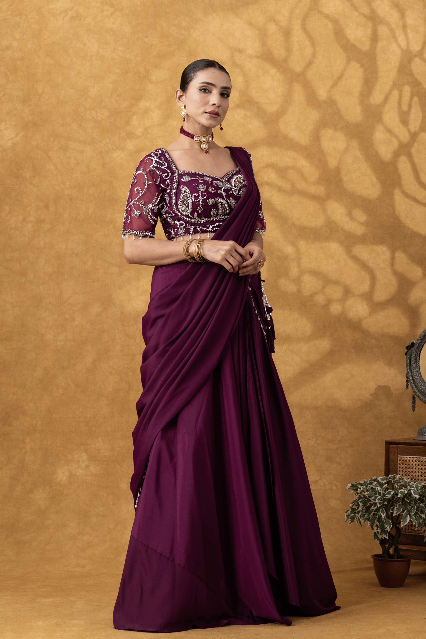 Wine Dipped Moti Work Pre-Drape Saree