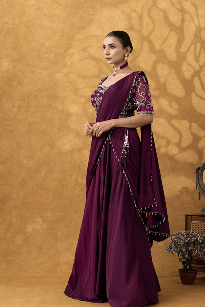 Wine Dipped Moti Work Pre-Drape Saree