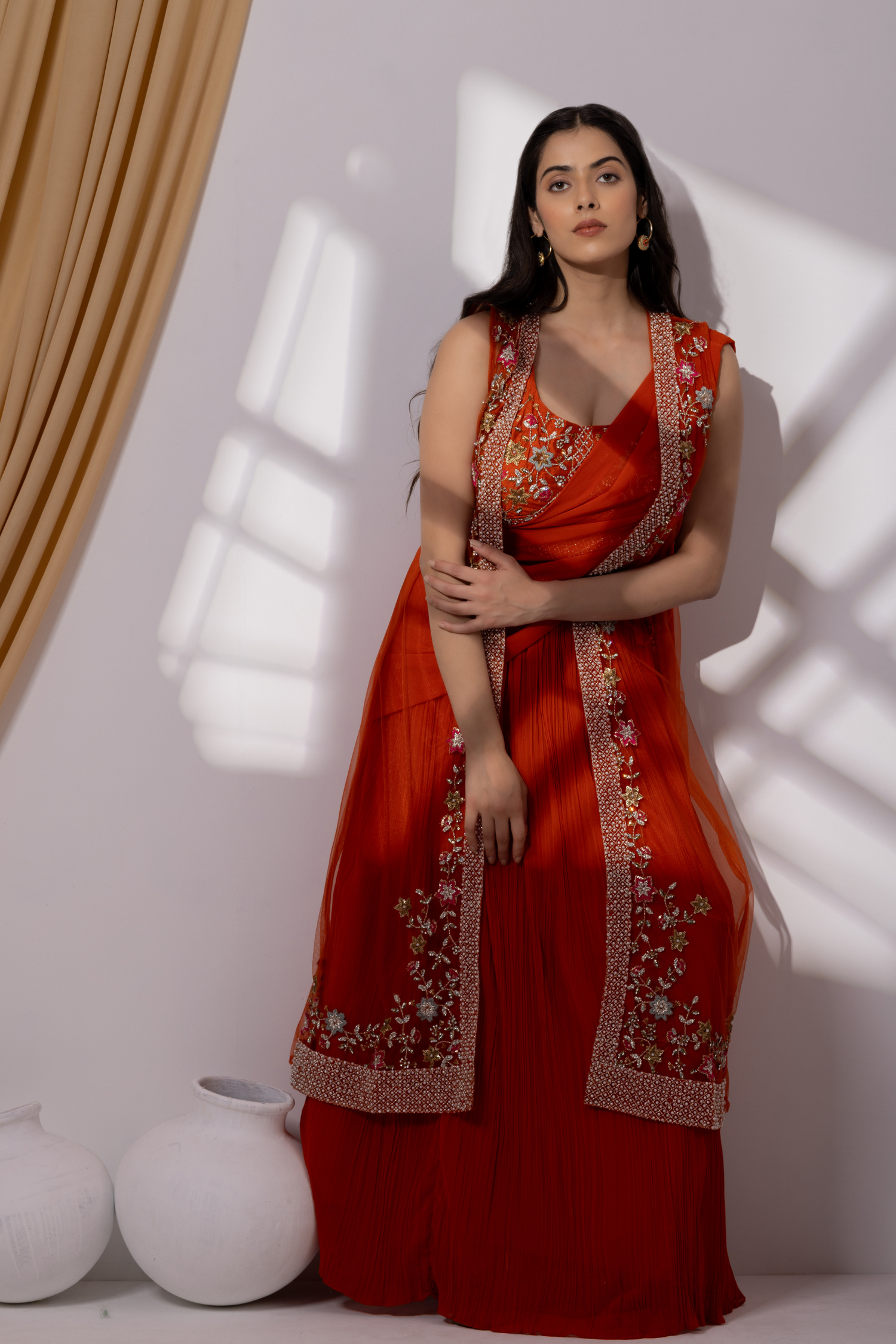 Orange Georgette Draped Jacket Saree Set