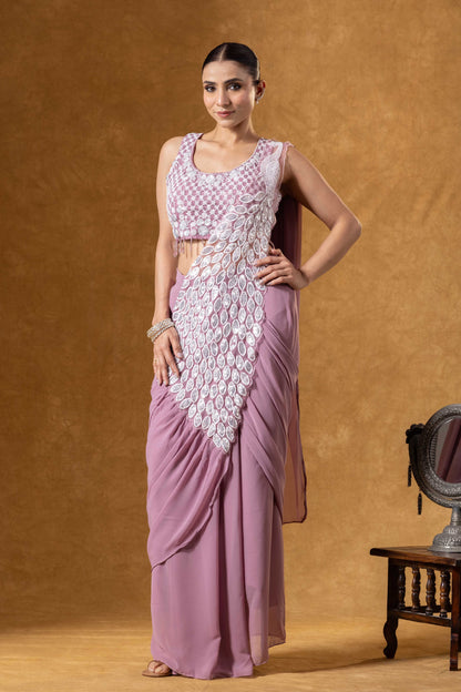Soft Mauve Hand Embellished Saree