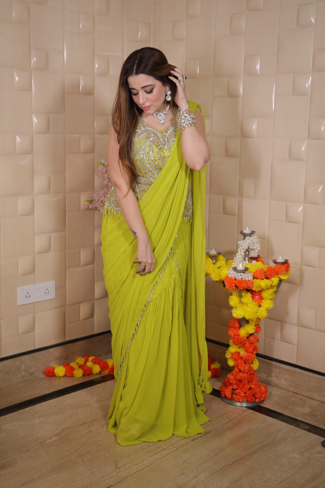 Party Wear Pleated Lime Green Saree