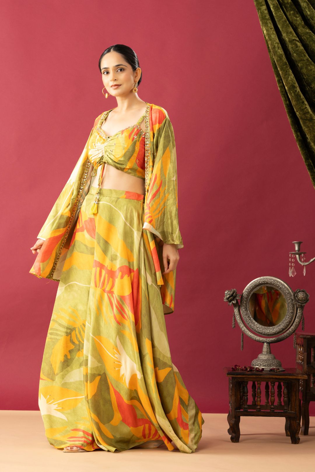 Floral Printed Indowestern Pallazzo Set with Short Shrug