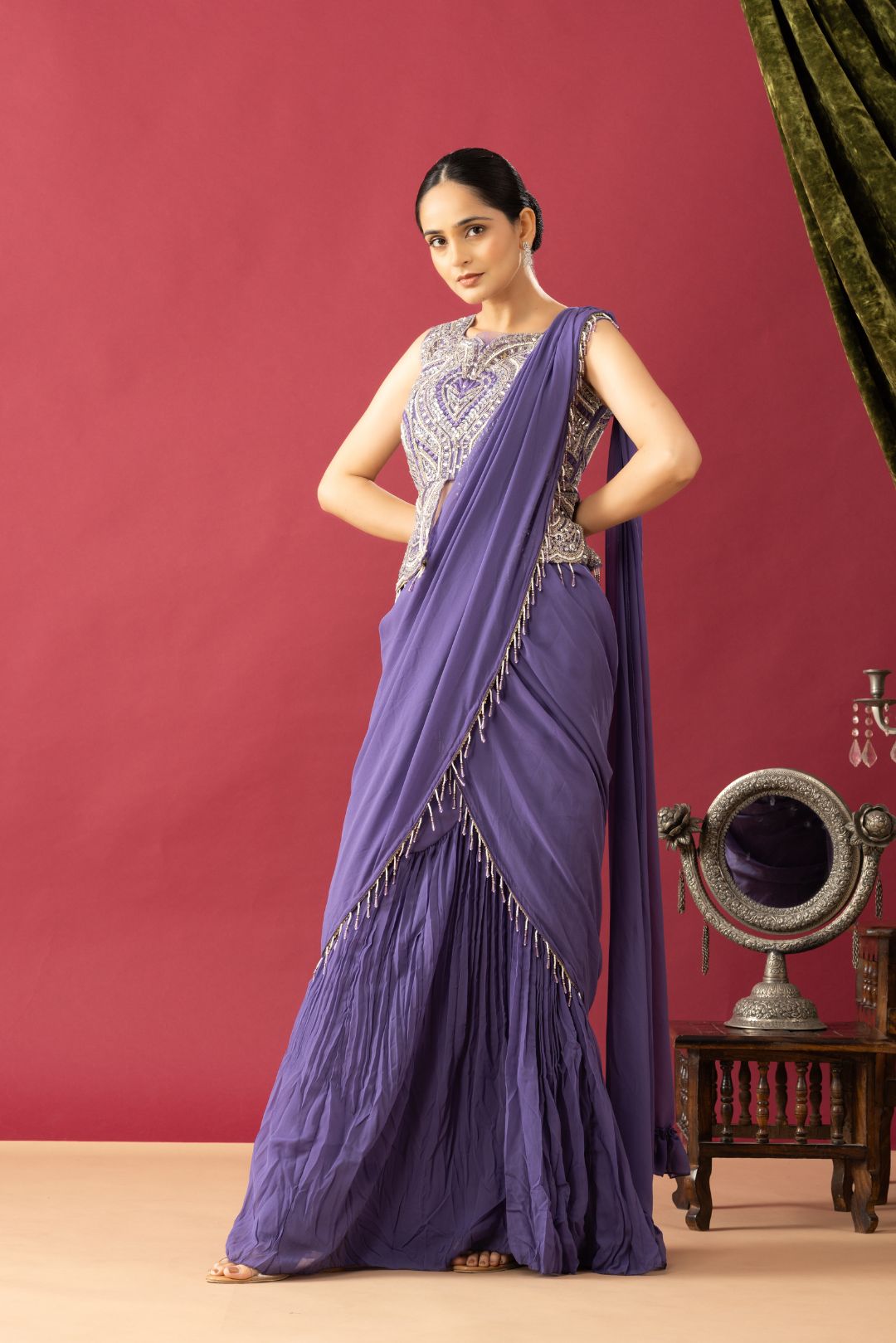 Party Wear Pleated Lilac Saree