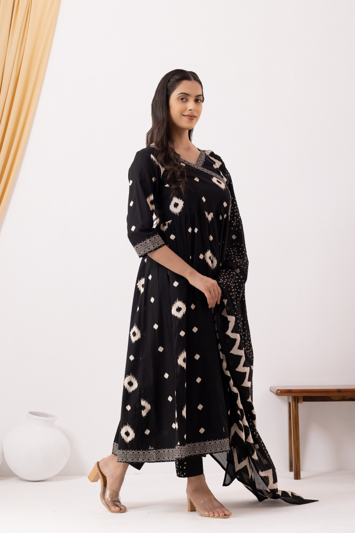 Black Cotton Printed Angrakha Anarkali Suit Set