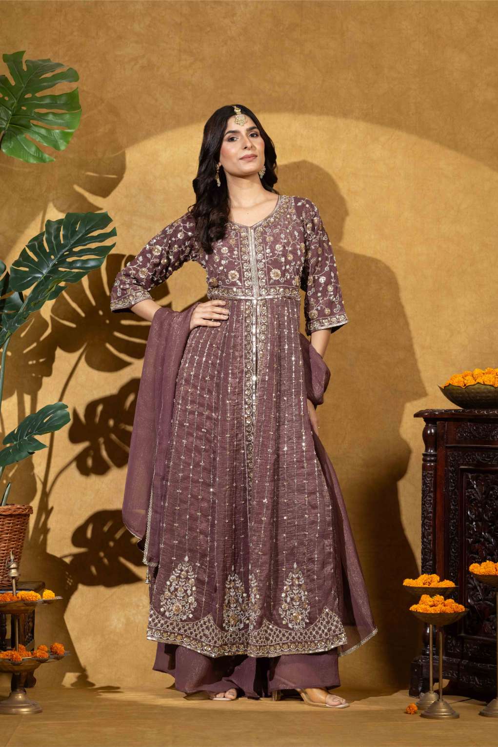 Wine Embroidered Anarkali Set