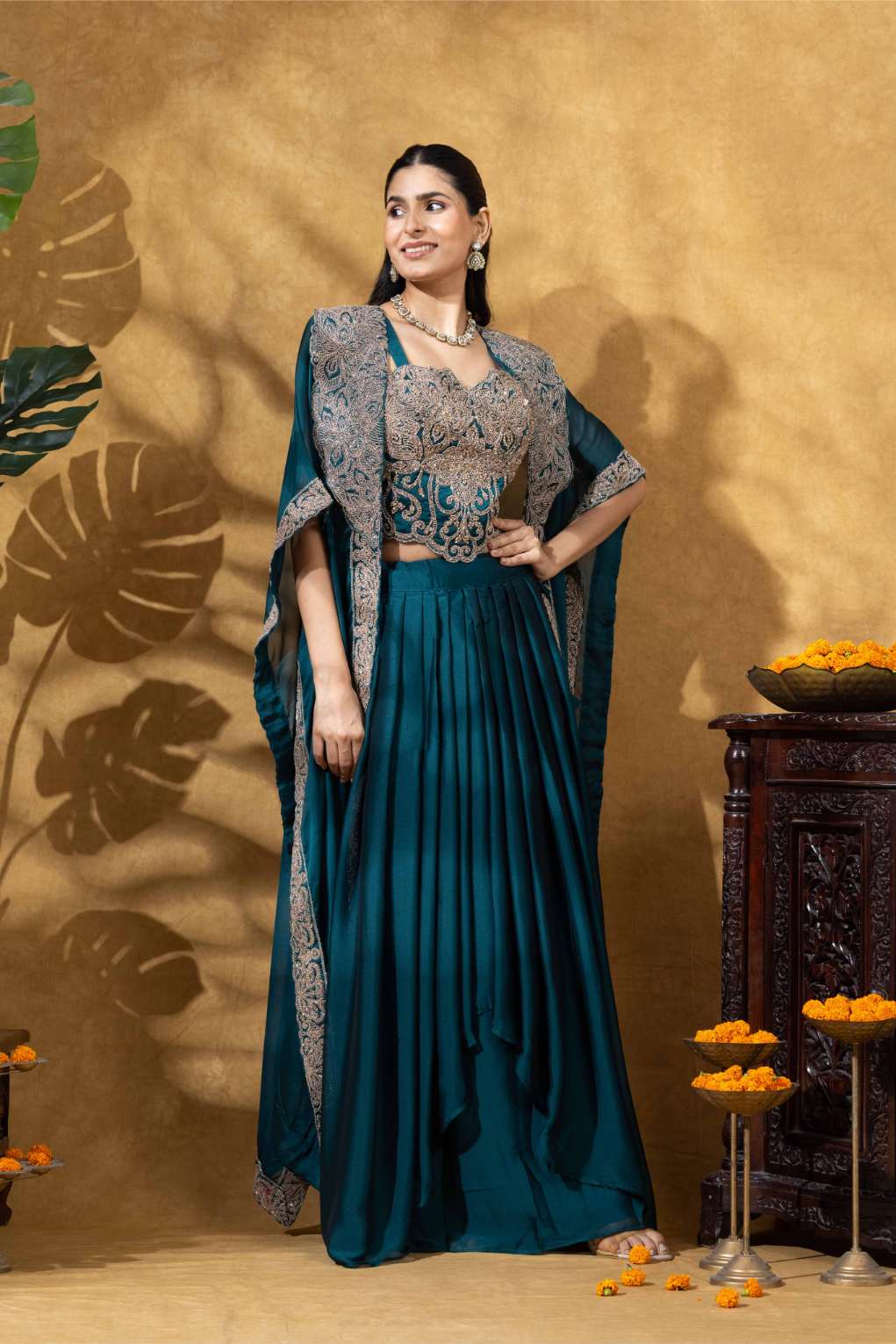 Bottle Green Embellished Skirt Set