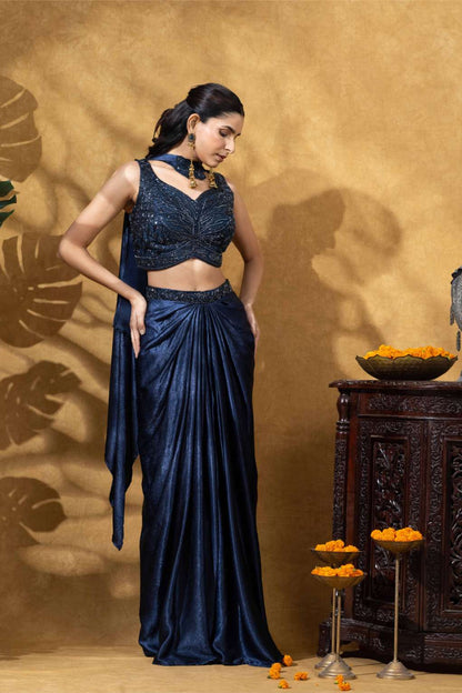 Midnight Blue Draped Skirt with Choker Dupatta Set