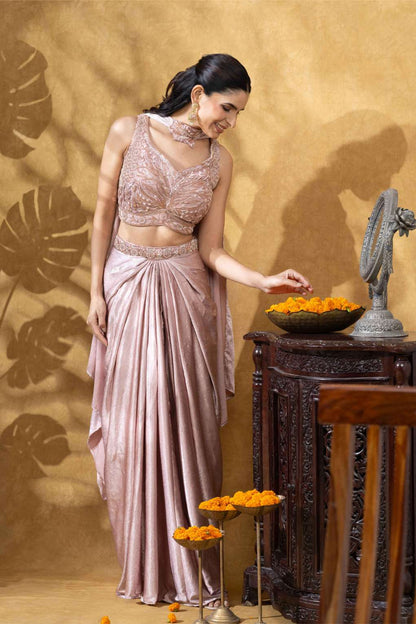 Rose Gold Draped Skirt with Choker Dupatta Set