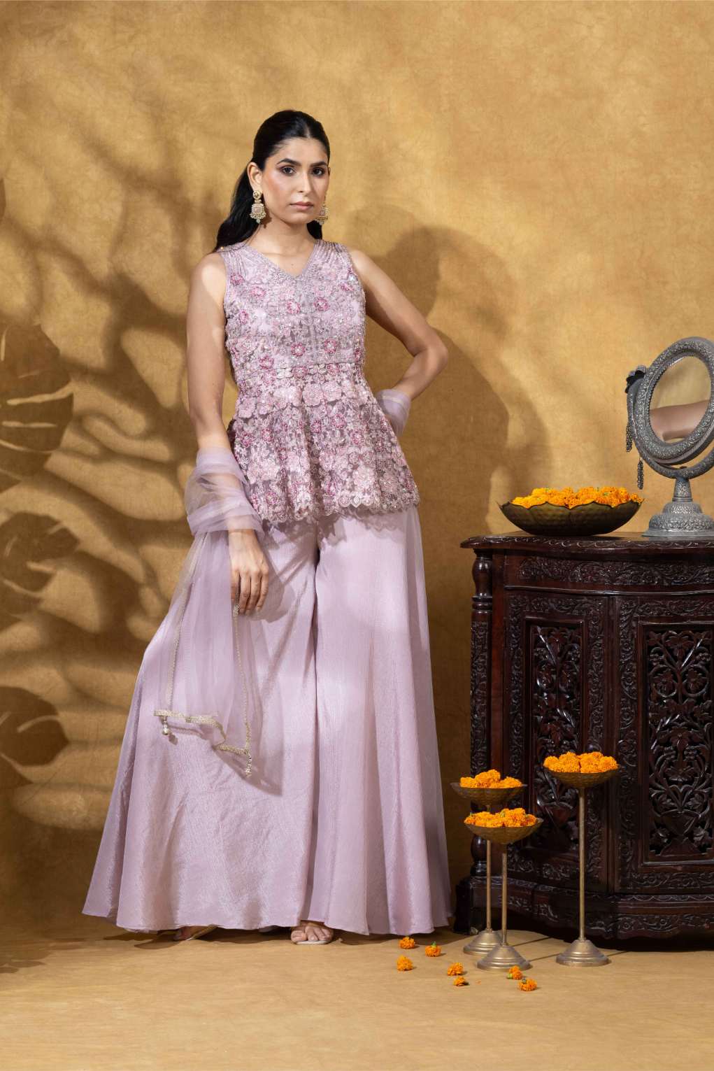 Embellished Indo-Western Sharara Set in Blush Pink