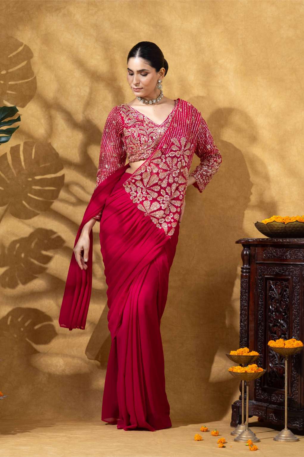 Embroidered Draped Saree Set in Ruby Pink