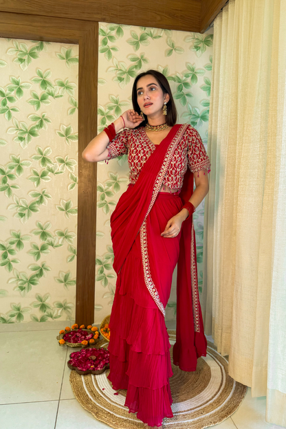 Sparkling Delight Draped Red Saree