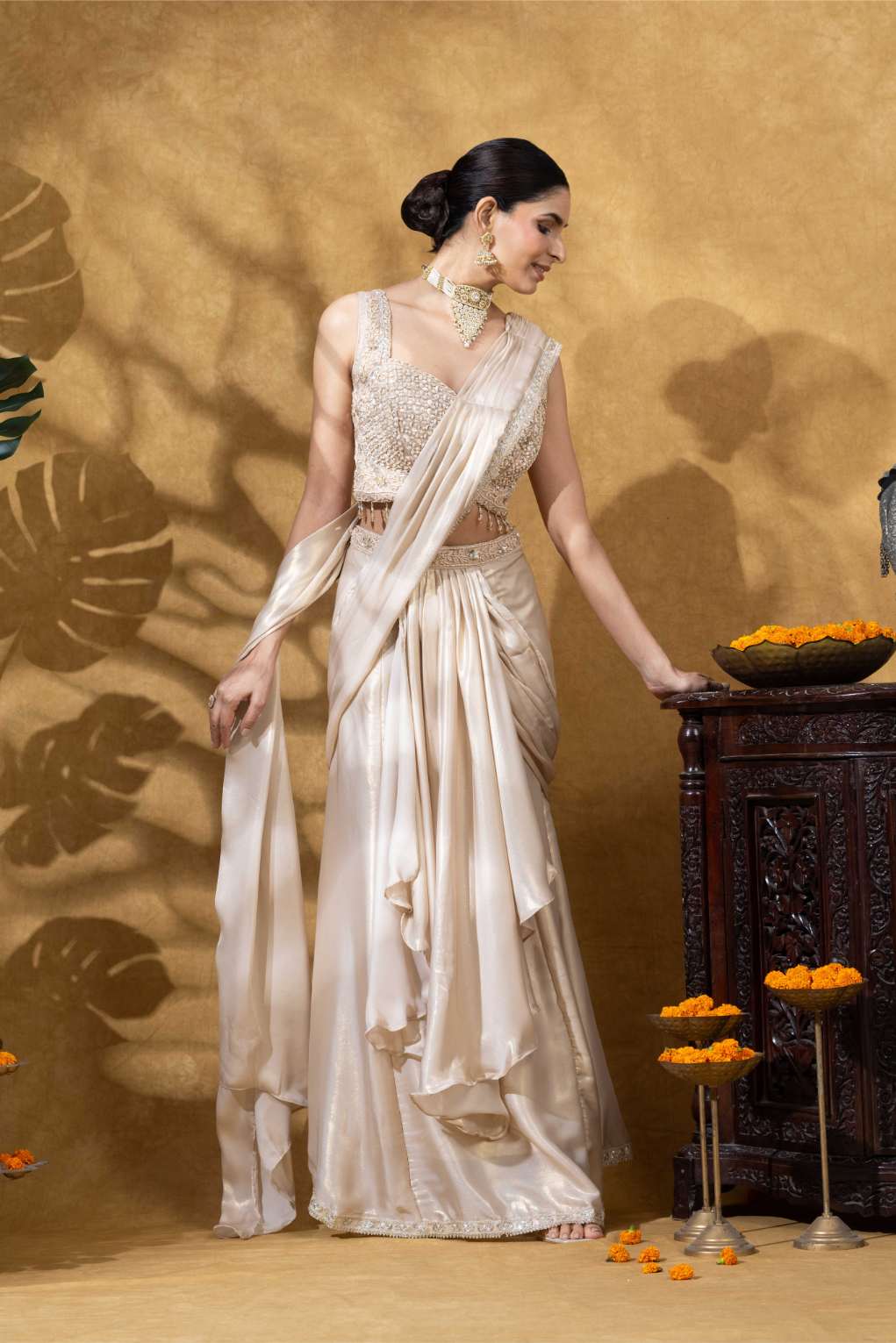 Champagne Gold Ivory Embellished Saree Set