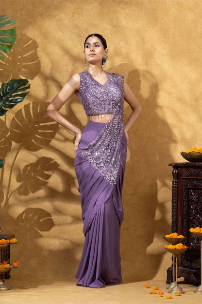 Embellished Draped Saree Set in Lavender