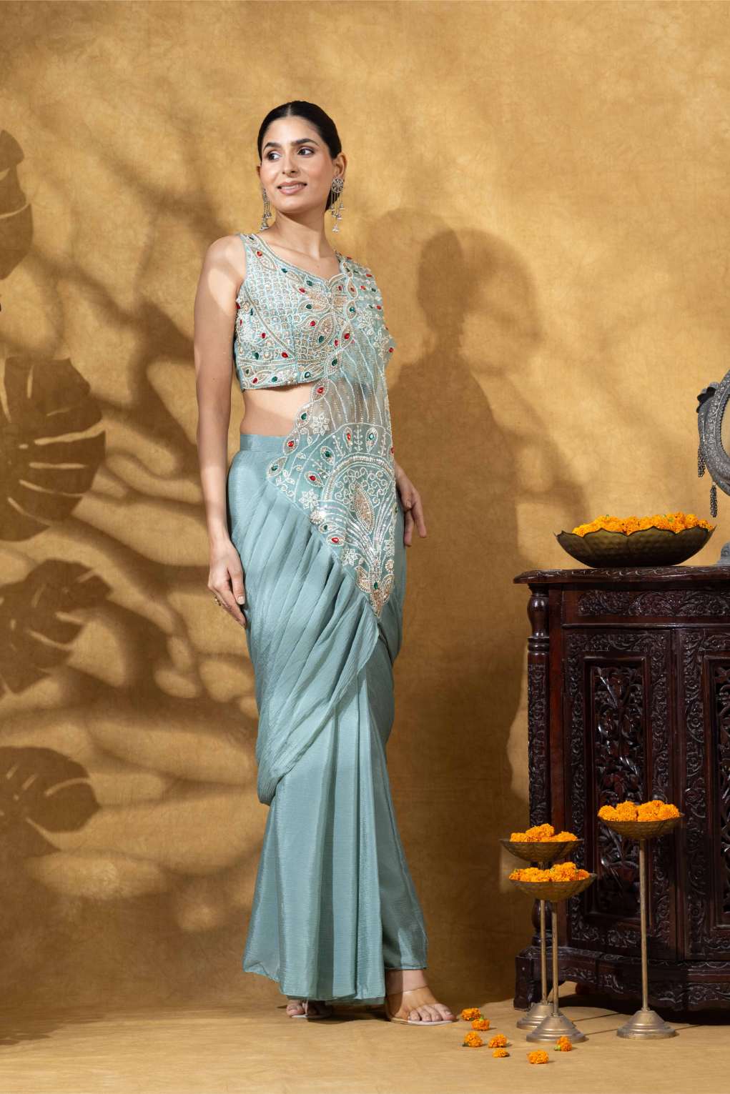 Embroidered Draped Saree Set in Ice Mint