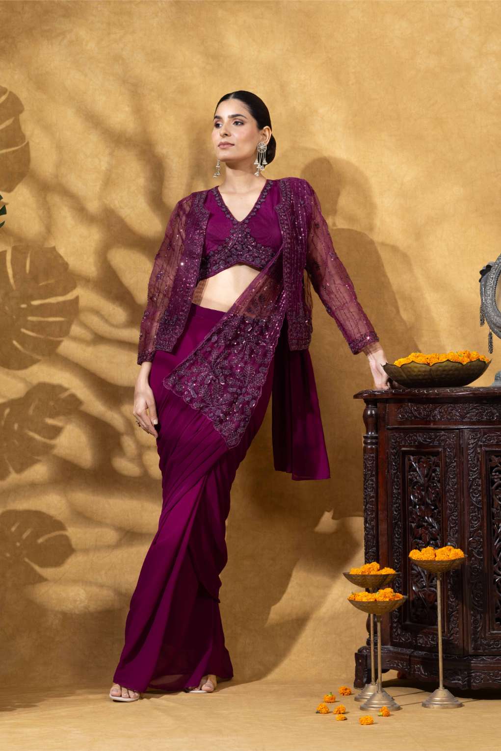 Embellished Draped Saree Set in Burgundy with Jacket