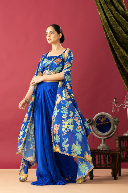 Blue Drape Skirt Set with Multicolor Cape