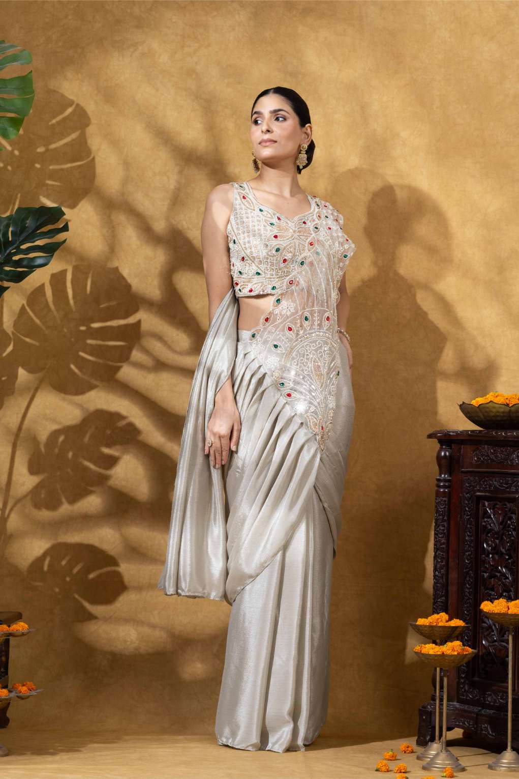 Champagne Gold Embellished Saree Set
